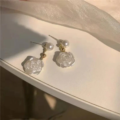 White Rose Pearl Earrings